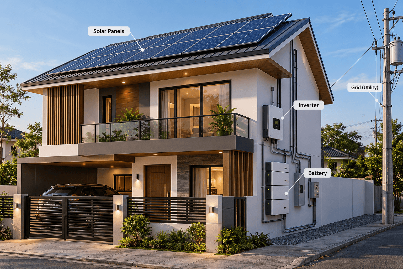 A home by day with labeled solar panels, inverter, battery and grid connection, a hybrid system running normally.
