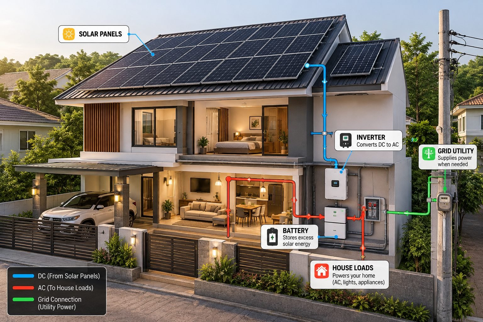 Rooftop solar panels, inverter and battery powering a home
